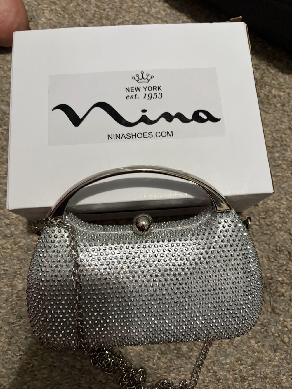 Nina Silver Crystal Rhinestone Evening Clutch with Chain
